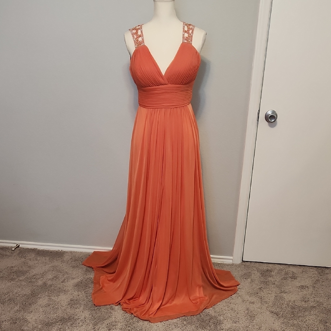 Betsy & Adam Orange Halter Maxi Gown For Prom